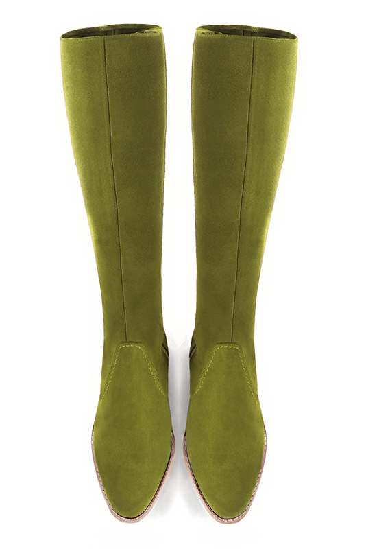 Pistachio green women's riding knee-high boots. Round toe. Low leather soles. Made to measure. Top view - Florence KOOIJMAN